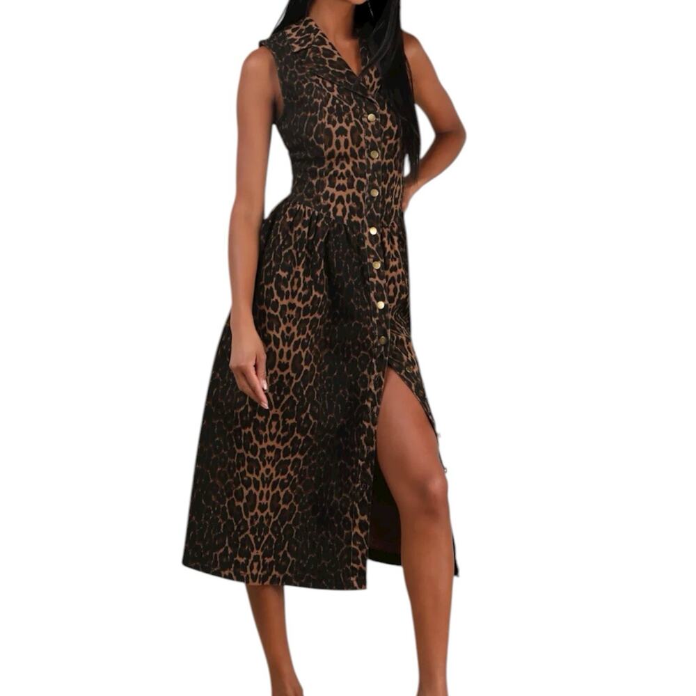 NWOT Lulus Levon Brown Leopard Print Denim Button Front Midi Dress Size Small - Picture 2 of 9